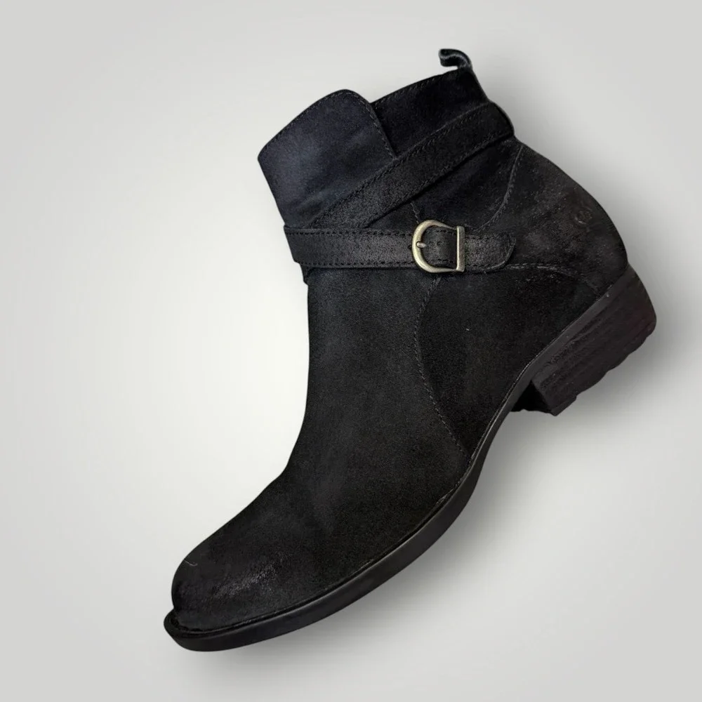 Born Kerri Black Distressed Suede Ankle Boots Moto Buckle Zip BR0011909 Womens 9